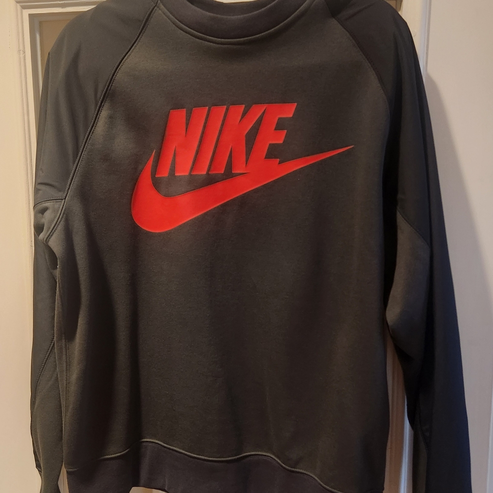 Mens Nike Gray and Red Sweatshirt with Bold Logo